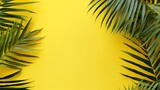 Fototapeta Mapy - Yellow background with tropical palms leaves with empty space for text. AI generated image.