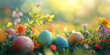 Decorated Easter eggs nestled in a vibrant spring meadow with wildflowers. Holiday and spring concept. Design for seasonal greeting card, event invitation. Festive banne with copy space.