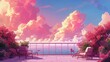 Illustration of a dreamy terrace with vibrant pink clouds
