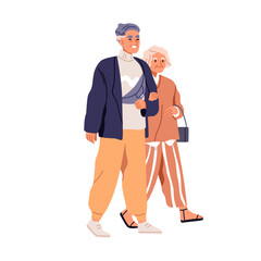 Wall Mural - Happy senior couple walking. Elder aged man and woman, wife and husband strolling. Elderly old retired people, spouse in fashion apparel. Flat vector illustration isolated on white background