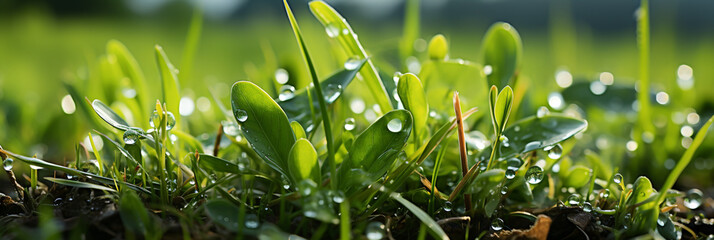 A beautiful macro closeup image of small green natural grass plant bud with water drops on its leaves