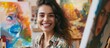 © AkuAku - A happy woman is smiling at a painting on an easel, enjoying a fun and visually artsy event. #Smile #Travel #Photomontage