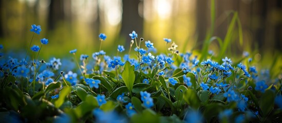 Poster - a variety of electric blue flowers are blooming in the lush green grass, enhancing the natural lands