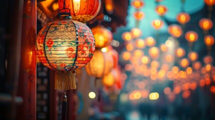 Canvas Print - Colorful images showcasing streets adorned with intricate lantern decorations for the Chinese New Year