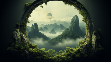 Wall Mural - Beautiful round nature green lash arch in mountain forest park, concept mother nature path