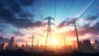 Silhouette of High voltage electric tower on sunset background.