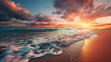 Sea Sunset Soft Blurred Background, Ocean Sunrise, Tropical Island Beach Dawn, Dark Blue Water Waves Splash, Ripple Texture