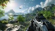 First-Person Shooter Game Perspective Overlooking a Futuristic Landscape