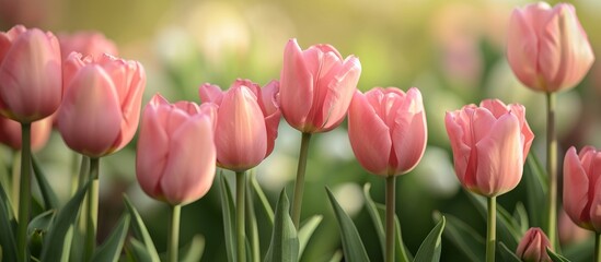 Sticker - A beautiful meadow with pink tulips, a flowering plant from the grass family, creates a vibrant natural landscape adorned with delicate petals.