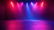 © Planetz - Free stage with lights and smoke, Empty stage with red and violet spotlights, conser, show, party, Presentation concept.  red and violet   spotlight strike on black background