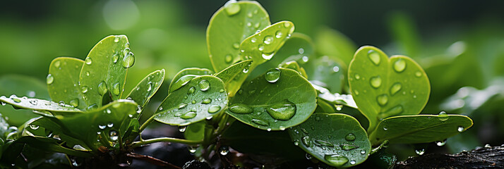 A beautiful macro closeup image of small green natural grass plant bud with water drops on its leaves 