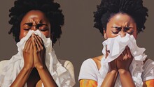 Amidst The Throes Of Sickness, A Woman Exhibits Flu Or Allergic Symptoms As She Coughs And Blows Her Nose At Home, Underscoring The Reality Of Managing Illness In Everyday Life.
