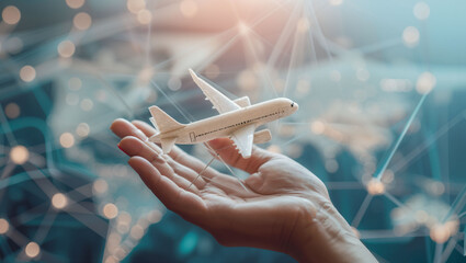 a hand is holding a small toy plane and in the background is a holographic map of the world in the s