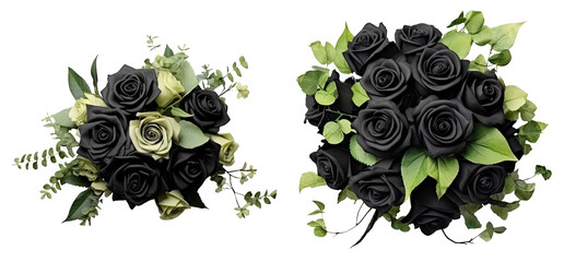 Top view of isolated black and green roses bouquets with green floral ornaments. Flowers bunch on transparent background. Generative AI.	
