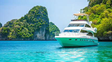 Wall Mural - A luxury yacht anchored in clear blue waters near a lush green island under a bright sky. Ai generative