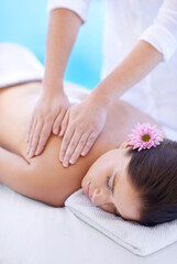 Sticker - Relax, massage and woman at hotel pool with flower for health, wellness and luxury holistic treatment. Self care, peace and girl on table with masseuse for body therapy, sleep and calm spa service