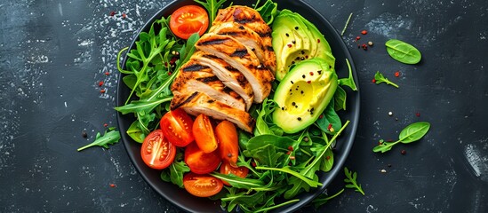 Sticker - A dish consisting of chicken, avocado, tomatoes, and lettuce on a table. This recipe includes natural foods like leaf vegetables and fines herbes as garnish.