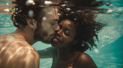 Fluid Love Underwater Kiss Between a Man and Woman