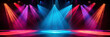 © Planetz - Free stage with lights and smoke, Empty stage with colorful spotlights, conser, show, party, Presentation concept. multi color spotlight strike on black backgroun, rainbow,purple red, blue, green