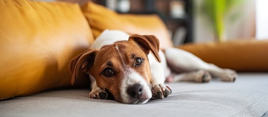 Poster - A carnivorous, terrestrial animal of a specific dog breed is bored, lying on a couch with white and brown flooring, wearing a collar and awaiting companionship.