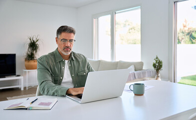 Wall Mural - Serious older mature middle aged man wearing glasses looking at computer technology sitting at home table, using laptop hybrid working online, elearning, browsing web, searching online in living room.