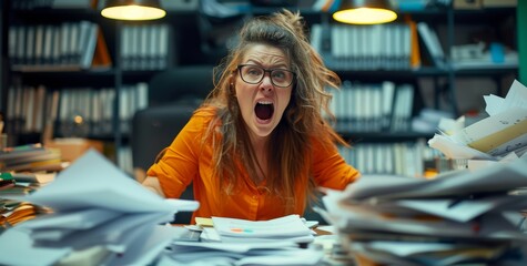 Pissed off woman office worker cluttered with paperwork shouting, concept of a rush at work.