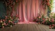 Digital backdrop For Photography featuring luxurious pink drapery with colorful floral and parquet flooring 