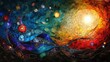 Stained glass window background with colorful Moon and sun abstract.