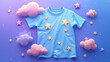 a blue T-shirt with a gold star and a purple cloud on the sleeve 
