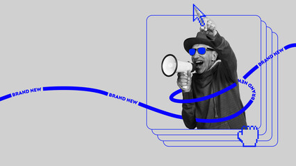 Senior man with megaphone, pointing upwards over dynamic blue graphic design. Impact of social media for connecting senior communities. Concept of elderly people and modern technologies, innovations