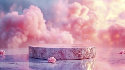 Wall Mural - Stone podium tabletop floor in outdoor on sky pink gold pastel soft cloud blurred background Beauty cosmetic product 