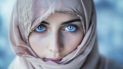 Wall Mural - Young Arab woman in hijab with blue eyes. Traditional clothing. Banner