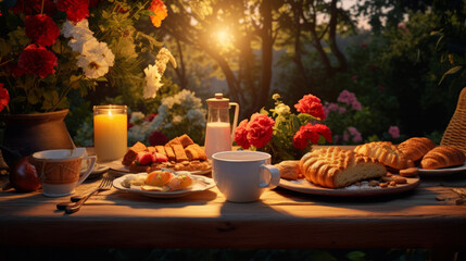 Romantic breakfast with croissants and coffee on table in garden