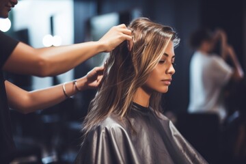 female hairdresser standing and making hairstyle to cute lovely young woman in beauty salon