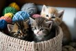 AI generated illustration of fluffy kittens in a knitted basket  with colorful balls of yarn