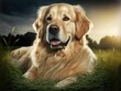 AI generated illustration of a beautiful golden retriever laying on a field