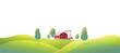 Rural summer landscape with a farm and agricultural fields on hills. Vector illustration.