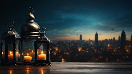 Wall Mural - A lantern is placed on a wooden table with a beautiful background for the Muslim feast of the holy month of Ramadan Kareem.