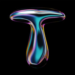 Wall Mural - 3D letter T in a Y2K style font. Balloon bubble shape, liquid metal with a smooth, glossy, holographic rainbow surface. Isolated vector letter from English alphabet for retro futuristic 2000s design