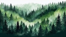 Watercolor Green Forest In The Morning, Spruce And Pine Trees Silhouette