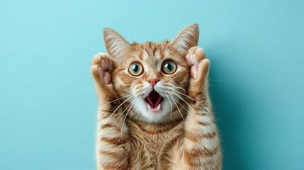 surprised shocked cat face with paws on head on blue background with copy space. ai generative