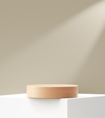 Leinwandbilder - White modern wood podium 3d background with empty product display stage minimal showcase platform mockup stand or luxury cosmetic advertising banner natural wooden shelf backdrop presentation studio.
