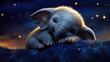 Cute Little baby Elephant animal in a sleeping hat sleeps soundly in the full moon, starry sky and clear night sky created with Generative AI Technology