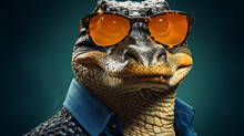 Close-up Selfie Portrait Of A Jocular Crocodile Wearing Sunglasses