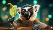 Happy gleeful lemur with a cocktail