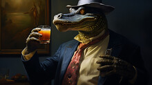 Close-up Selfie Portrait Of A Jocular Crocodile With A Cocktail