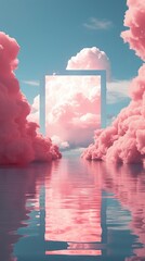 A serene landscape with a square frame amidst vibrant pink clouds reflecting on a tranquil lake