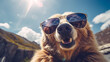 Close-up selfie portrait of an amusing bear wearing sunglasses