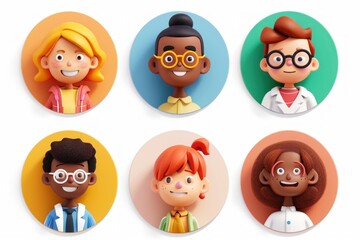 3d render, people avatar collection. Set of round stickers with cartoon character faces, user id thumbnail, modern icons for social account design. Portrait circles isolated on white, Generative AI