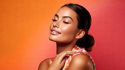 Beautiful Mexican woman modeling brand clinic skincare with natural makeup and brown light skin on solid light color background